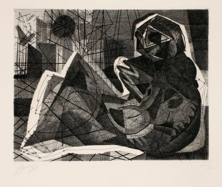 Henri-Georges Adam (1904-1967)
La Danaé. 1947. Burin. 335 x 265. Parfaite épreuve sur vélin, signée, datée et numérotée à la mine de plomb. Toutes marges. Tirage à 110 épreuves. Timbre sec: Société des Peintres-Graveurs Français (Lugt 1195a).