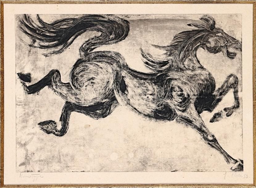 Jean Clerté (né en 1930)
Cheval au galop. 1953. Monotype. 345 x 240. Très belle épreuve sur vélin crème, numérotée, signée et datée à la mine de plomb. Marges. Cadre.