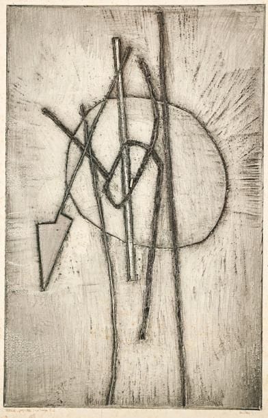 Pierre Courtin (né en 1921)
Octobre 1951. 1951. Gravure au burin (échoppe) sur zinc. 315 x 490. Rivière 131. Très belle épreuve sur vergé fort, annotée en pied à la mine de plomb «Octobre 51 - 4eme etat 2eme tirage 3-6» et signée. Fractures du coup de planche et papier percé sur certaines tailles en raison d'une trop forte pression au tirage. Rousseurs claires éparses. Toutes marges. Rare. Tirage à quelques épreuves.