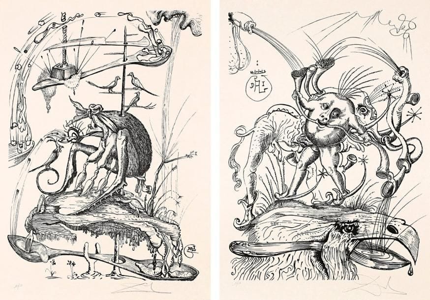 Salvador Dalí (1904-1989) (par et d'après)
Les Songes drolatiques de Pantagruel. 1973. Un album, [595 x 800], contenant une suite complète de 25 lithographies. Michler et Löpsinger 1398-1422. Très belles épreuves sur vélin fort nacré, numérotées et signées à la mine de plomb. Toutes marges. Tirage à 50 épreuves en noir. Tirage total à 250 épreuves. Coffret de toile rouge orné de l'édition.
