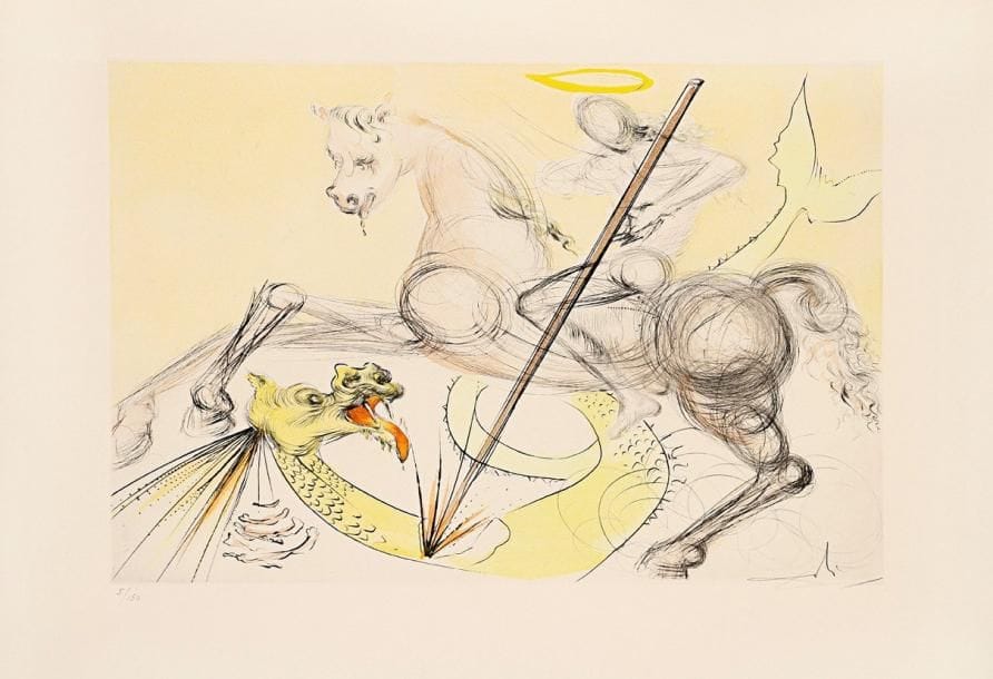 Salvador Dalí (1904-1989) (par et d'après)
Saint Georges et le dragon. 1974. Pointe sèche et coloris au pochoir par les ateliers Rigal. 585 x 398. M.-L. 733. Très belle épreuve sur vélin crème, numérotée et revêtue d'une signature à la mine de plomb. Très légère oxydation marginale. Toutes marges. Tirage à 150 épreuves sur ce papier. Tirage total à 450 épreuves. Ethis éditeur.