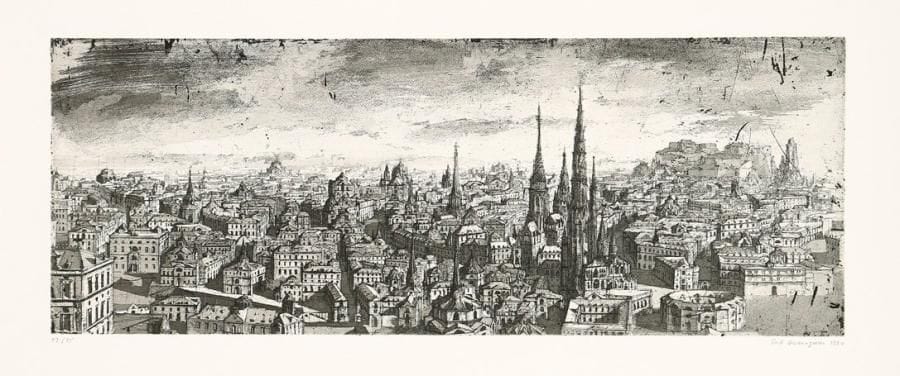 Érik Desmazières (né en 1948)
Ville imaginaire. 1990. Eau-forte, aquatinte et roulette. 473 x 179. F.-F. 124. Parfaite épreuve sur vélin blanc, numérotée, titrée, signée et datée à la mine de plomb. Toutes marges. Tirage à 75 épreuves.