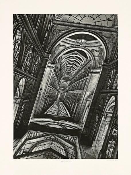 Érik Desmazières (né en 1948)
Galerie Vivienne - projet d'agrandissement. 1990. Eau-forte, aquatinte et roulette. 443 x 615. F.-F. 131. Parfaite épreuve sur vélin blanc, numérotée, titrée, signée et datée à la mine de plomb. Toutes marges. Tirage à 90 épreuves.