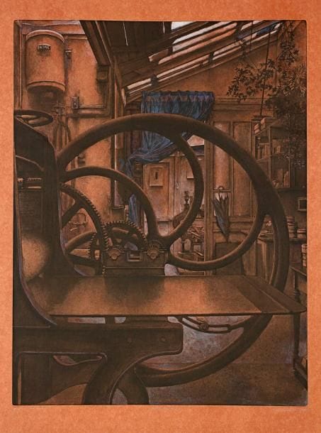 Érik Desmazières (né en 1948)
Atelier René Tazé IV. 1992. Eau-forte, aquatinte et roulette. 500 x 655. F.-F. 136. Exceptionnelle épreuve sur vergé teinté vieux rose, largement reprise à l'aquarelle, annotée «quatrième état rehaussé», titrée, signée et datée. Toutes marges. Tirage définitif à 75 épreuves.