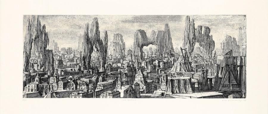 Érik Desmazières (né en 1948)
Ville rocheuse. 1999. Eau-forte, aquatinte et roulette. 473 x 179. F.-F. 172. Parfaite épreuve sur vélin blanc, numérotée, titrée, signée et datée à la mine de plomb. Toutes marges. Tirage à 75 épreuves.