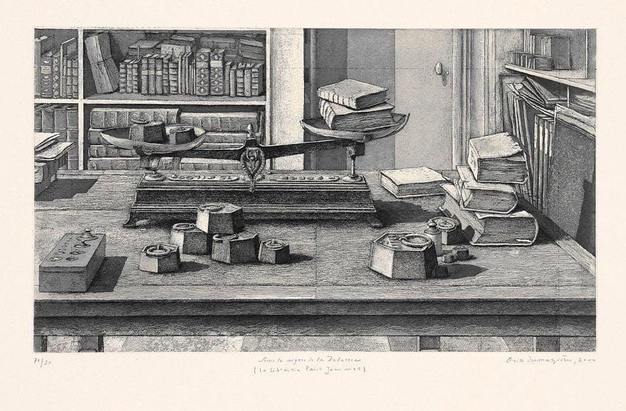 Érik Desmazières (né en 1948)
Sous le signe de la Balance (la librairie Paul Jammes). 2000. Eau-forte, aquatinte et roulette. 347 x 197. F.-F. 173 B. Parfaite épreuve sur vélin blanc, numérotée, signée et datée à la mine de plomb. Toutes marges. Tirage à 90 épreuves.