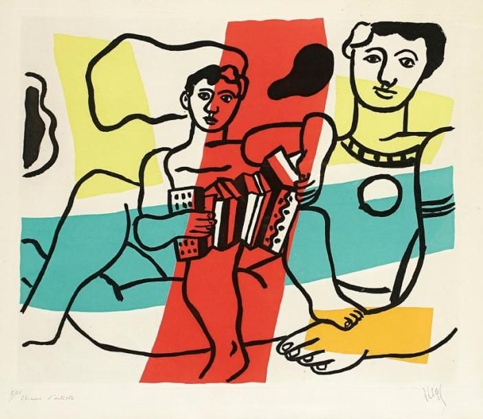 Fernand Léger (1881-1955)
L'Enfant à l'accordéon. 1953. Aquatinte et sérigraphie. 660 x 470. S. 127. Impression en couleurs. Très belle épreuve sur vélin, numérotée à la mine de plomb et annotée «Epreuve d'artiste» puis signée au stylo-bille. Marges. Tirage total à 100 épreuves. Cadre.