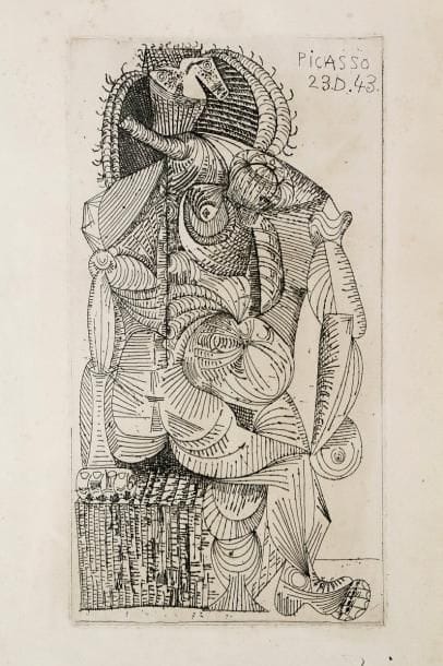 Pablo Picasso (1881-1973)
Femme assise. 1943. Eau-forte. 132 x 246. Bloch 362; Baer 689; Cramer 39. Très belle épreuve d'essai sur vélin, numérotée «3/3», annotée et signée à la plume et à l'encre en pied. Légère oxydation du feuillet. Rousseurs claires éparses. Toutes marges. Tirage définitif à 200 épreuves. Cadre.