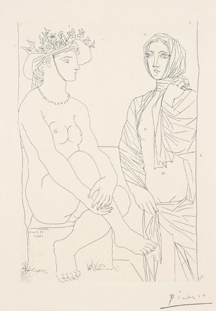 Pablo Picasso (1881-1973)
Femme assise au chapeau et femme debout drapée (Suite Vollard 79). 1934. Eau-forte. 195 x 277. Bl. 210; B. 408. Très belle épreuve sur vergé de Montval, l'une des 260 à petites marges, signée à la mine de plomb. Infime point de rouille dans le sujet en tête. Trace d'oxydation sous le passe-partout. Toutes marges. Cadre.