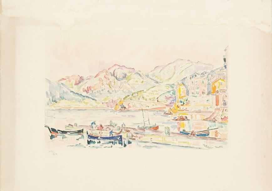 Paul Signac (1863-1935) (d'après)
Port de pêche en Corse. Vers 1960. Lithographie (procédé Spitzer). 430 x 277. Impression en couleurs. Belle épreuve sur vélin blanc, numérotée à la mine de plomb, portant au verso le timbre de l'éditeur et le numéro. Auréoles claires d'humidité dans la marge supérieure et légère oxydation aux bords du feuillet. Toutes marges. Tirage à 250 épreuves.