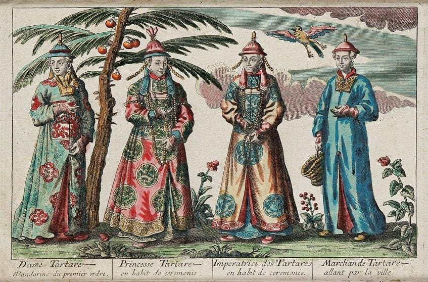 Anonyme XVIIe s
Costumes tartares: Dame Tartare / Princesse Tartare / Impératrice des Tartares / Marchande Tartare. Eau-forte. 250 x 170. Belle épreuve en très beau coloris du temps. Petites marges. Cadre.