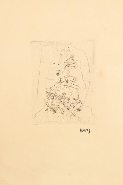 Otto Wols (Otto Alfred Wolfgang Schulze, dit) (1913-1951)
L'Acrobate. (Planche pour Jean Paulhan, Le Berger d'Écosse). Vers 1949. Pointe sèche. 65 x 84. Grohmann 36. Très belle épreuve sur vélin chamois fort, la seule connue de ce sujet, signée à la plume et à l'encre. Toutes marges.