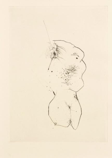 Otto Wols (Otto Alfred Wolfgang Schulze, dit) (1913-1951)
Planche pour Iliazd, Poésie de mots inconnus. 1949. Pointe sèche. 126 x 178. G. 52. Très belle épreuve sur japon, annotée en pied à la mine de plomb «épreuve d'artiste», numérotée, signée et titrée. Toutes marges. Tirage à quelques épreuves.