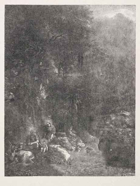 Rodolphe Bresdin (1822-1885)
La Sainte Famille aux Cerfs. 1871-1878. Report sur pierre de l'eau-forte. 200 x 260. V. G. 137. Très belle épreuve sur chine grisâtre appliqué, du tirage posthume de 1899. Quelques très claires rousseurs sur le support. Toutes marges. Timbre sec: Rodolphine Bresdin (Lugt 2194).