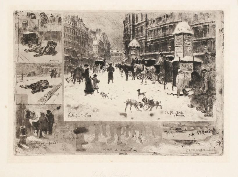 Félix Buhot (1847-1898)
L'Hiver à Paris, ou La Neige à Paris. 1879. Eau-forte, pointe sèche et vernis mou. 345 x 237. B., G. 128. Très belle épreuve sur vergé fort crème, du 3e état (sur 5 ou sur 9), avec la mention «L'Art», le monogramme de l'artiste et le numéro 25, l'adresse de Salmon et le titre en petites capitales. Trace claire d'oxydation à l'ouverture d'un ancien montage. Menues salissures et quelques rousseurs. Toutes marges. Ex-coll. H. F. H. W. Hoitsema (Lugt 2625).