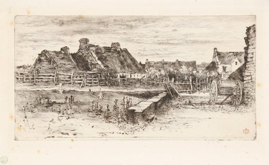 Félix Buhot (1847-1898)
Les Grandes chaumières. 1881. Eau-forte et pointe sèche. 273 x 139. B., G. 150. Très belle épreuve sur vergé ancien mince crème, timbrée (Lut 978). Quelques rousseurs éparses. Pli oblique dans l'angle supérieur droit. Toutes marges. Ex-coll. J. H. de Bois (Lugt 739).