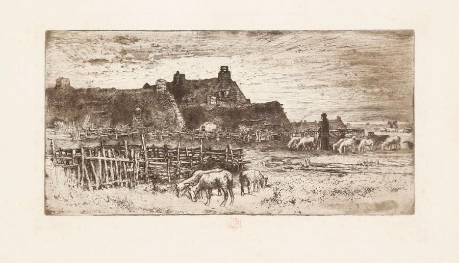 Félix Buhot (1847-1898)
Les Bergeries, soleil couchant. 1881. Eau-forte, pointe sèche et aquatinte. 270 x 133. B., G. 151. Très belle épreuve tirée en brun bistré sur vélin crème, timbrée (Lugt 977). Trace claire d'oxydation à l'ouverture d'un ancien montage. Infimes rousseurs. Toutes marges.
