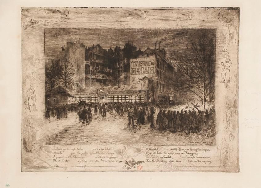 Félix Buhot (1847-1898)
La Place des Martyrs et la Taverne du Bagne. 1885. Eau-forte, pointe sèche et vernis mou. 445 x 337. B., G. 163. Très belle épreuve tirée en noir bistré sur vélin fort, timbrée (Lugt 977). Restes de montage aux bords du feuillet au recto et au verso. Inscriptions à la mine de plomb en marge droite: «plus enveloppé» puis «ton un peu plus chaud transparent». Toutes marges non ébarbées. Ex-coll. J. H. de Bois (Lugt 739).