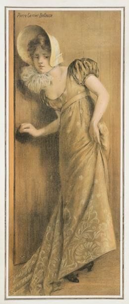 Pierre Carrier-Belleuse (1851-1932 ou 1933) (d'après)
Jeune fille en capeline. Vers 1900. Lithographie par Trehen (?). À vue: 280 x 750. Impression en couleurs. Belle épreuve sur vélin. Pas de marges apparentes. Cadre.
