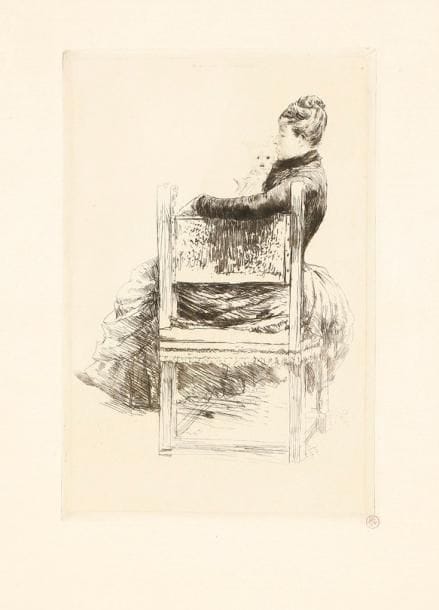 Norbert Goeneutte (1854-1894)
La Femme au chien. 1889. Eau-forte et pointe sèche. 195 x 298. Duvivier 33. Très belle épreuve sur vergé crème fort, timbrée (Lugt 1182). Très grandes marges. Tirage définitif à 50 épreuves.