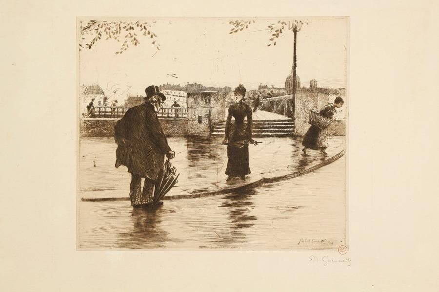 Norbert Goeneutte (1854-1894)
Vieil homme saluant, ou Femme sur l'Estacade à Paris. 1884. Eau-forte et pointe sèche. 245 x 210. D. 114. Très belle épreuve tirée en noir bistré sur vergé crème fort, signée à la mine de plomb et timbrée (Lugt 1182).