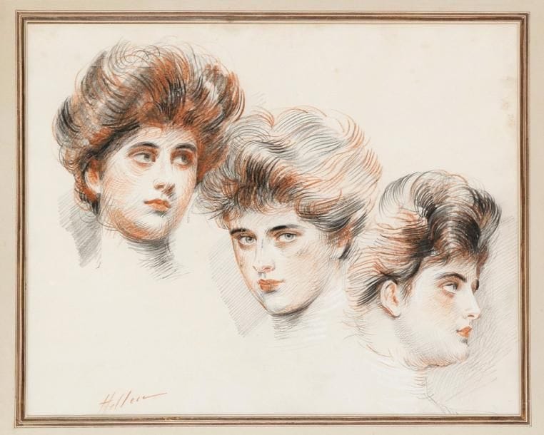 Paul-César Helleu (1859-1927)
Trois Portraits d'Yvonne Avollée. Vers 1900-1910. Important dessin aux trois crayons, sur vélin blanc. À vue: 500 x 395. Signé à la sanguine en bas à gauche. Quelques traces claires d'oxydation et rousseurs claires dans les marges. Cadre.
