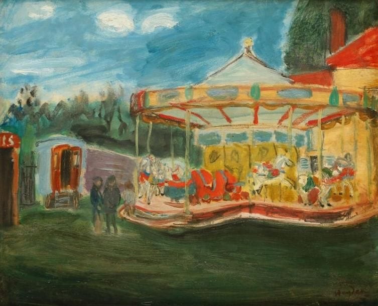Henri HAYDEN (1883-1970)
Le Carrousel, Mareuil s/Ourcq, entre 1946 et 1948 Huile sur papier marouflé sur carton. Signée en bas à droite. Petits accidents. 38 x 45 cm. Collection Landau. Un certificat de Mme Hayden (du 12 juillet 1991) sera remis à l'acquéreur