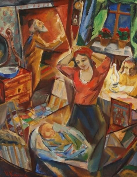 Ilya KAGAN (XXe siècle)
La Famille, 1961 Huile sur toile. Signée en bas à gauche. Signée, titrée et datée 1961 au dos sur la toile. 62 x 48 cm