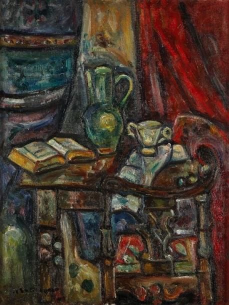 Pinchus KREMEGNE (1890-1981)
Nature morte au rideau rouge Huile sur toile. Signée en bas à gauche. 65 x 50 cm