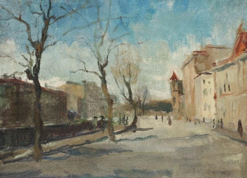 Vladimir NAIDITCH (1903-1980)
Ville en hiver Huile sur toile. Trace de signature en bas à droite. Étude de nature morte au verso. 41 x 55,5 cm