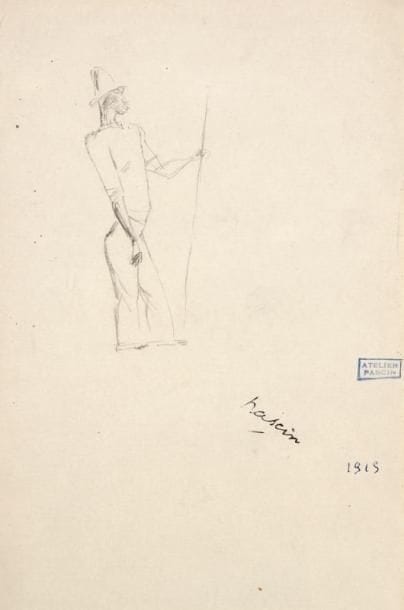J. Pincas dit PASCIN (1885-1930)
Homme à la lance (Cuba?) Dessin à la mine de plomb. Signé en bas à droite. Porte les cachets de l'atelier et de la signature. Annoté postérieurement «1915» en bas à droite. 19 x 12,5 cm