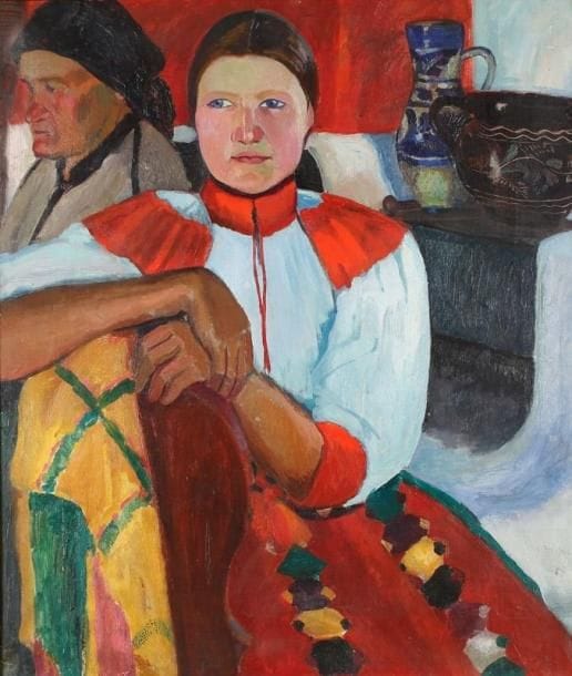 ÉCOLE MODERNE HONGROISE
Jeune femme en costume traditionnel Huile sur toile. Trace de signature en bas à droite. Porte la mention «Rippl Ronai» sur le châssis. 71 x 60,5 cm