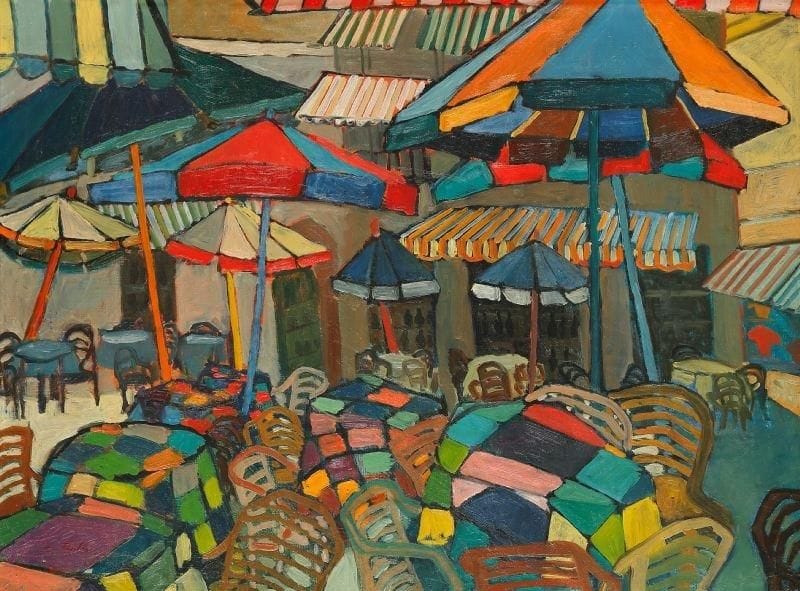 Eva FISCHER (née en 1920)
Les Parasols au café, 1951 Huile sur toile. Signée et datée «51» vers le bas vers la gauche. 53 x 72 cm