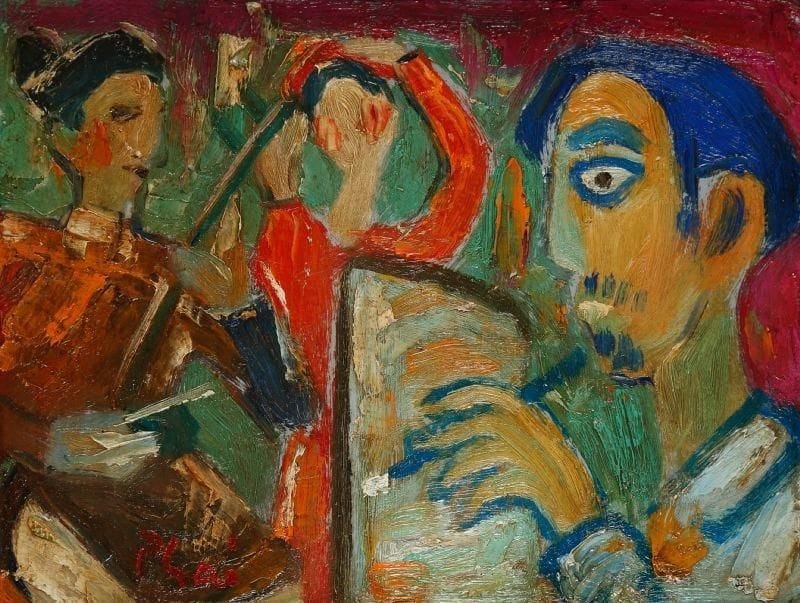 Bui Xuan PHAI [vietnamien](1920-1988)
Autoportrait sur fond de scène de théâtre. Huile sur panneau. Signée en bas à gauche. 15 x 20 cm