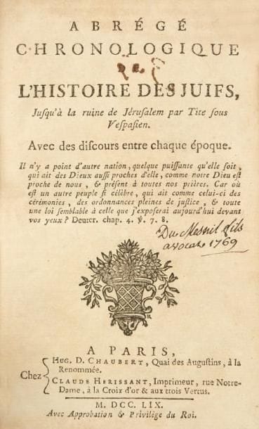 HISTOIRE - Abrégé chronologique de l'Histoire des Juifs jusqu'à la ruine de Jérusalem. Paris, Chaubert et Herissant, 1759. Un volume in-12. Reliure époque, pleine basane marbrée, dos à cinq nerfs orné de filets et fleurons dorés, tranches rouges