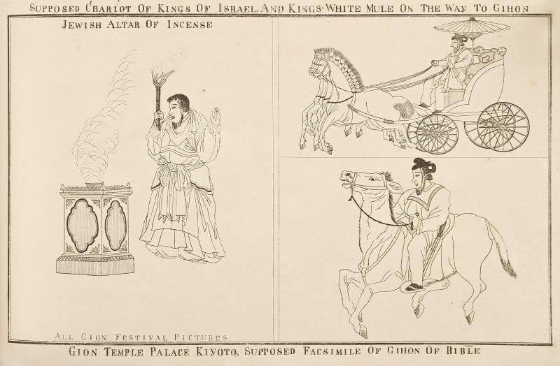 [McLEOD]
Korea and the ten lost tribes of Israel, with Korean, japanese and israelitish illustrations, Tokyo et Yokohama, Levy et Cei Chi Bunsha co, 1879. Un album in-8 oblong, cartonnage de l'éditeur demi-toile. Motif doré sur le premier plat. Vingt-trois pages de texte et vingt-trois planches, certaines à plusieurs sujets, concernant la Corée et le Japon et des similitudes alléguées avec l'ancien Israël. Reliure usagée et dédorée, piqûres et rousseurs mais livre devenu rare, recherché et d'une évidente originalité
