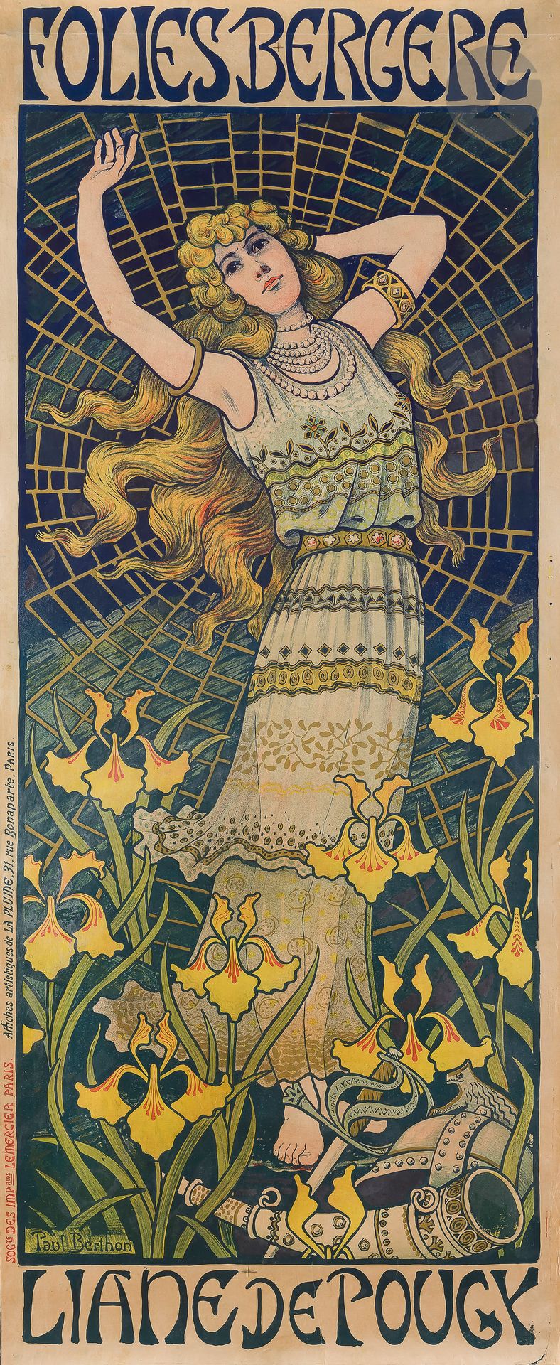 Paul Émile BERTHON (1872-1909)
Liane de Pougy, Folies Bergère
Chromolithographie. Entoilée.
Imp. Lemercier, Paris. Aff. Artistiques de la Plume, 31 rue Bonaparte, Paris.
Signée en bas à gauche.
Bon état.
150 x 61 cm

Bibliographie :
Art nouveau, p. 106.