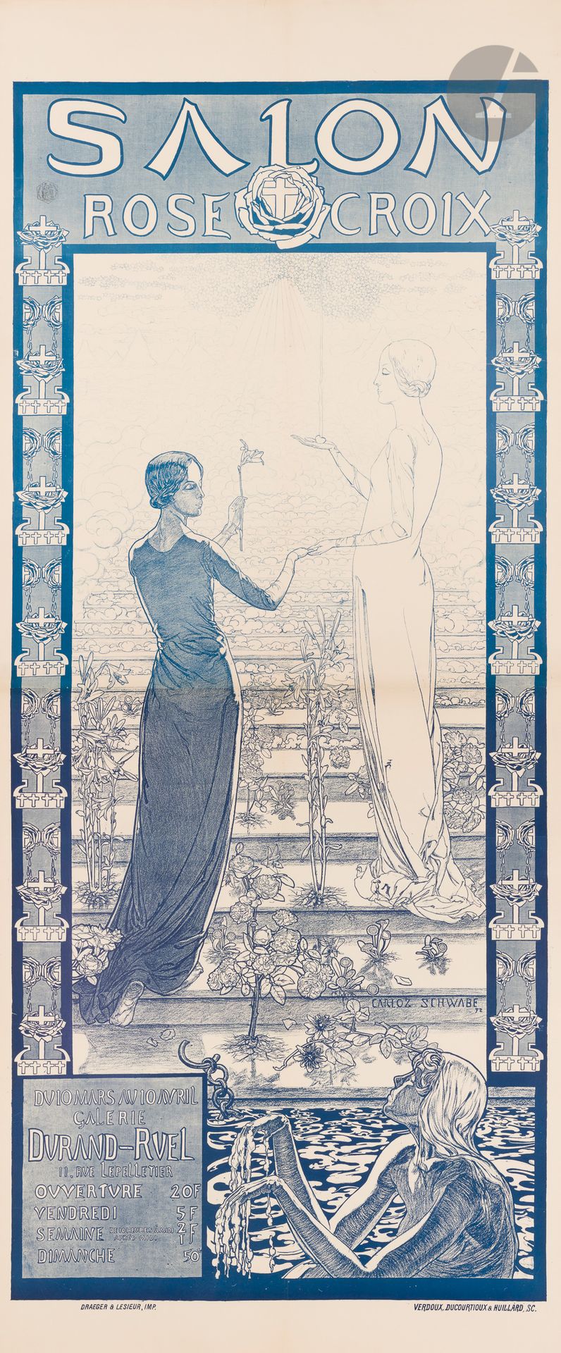 Carlos SCHWABE (1866-1926)
Salon de la Rose-Croix, 1892 à la galerie Durand-Ruel
Chromolithographie en 2 feuilles. Entoilée.
Imp. Draeger & Lesieur, Paris.
Signée en bas à droite.
Bon état.
198 x 83 cm

Bibliographie :
L’Affiche dans le monde, p. 39, n° 54.