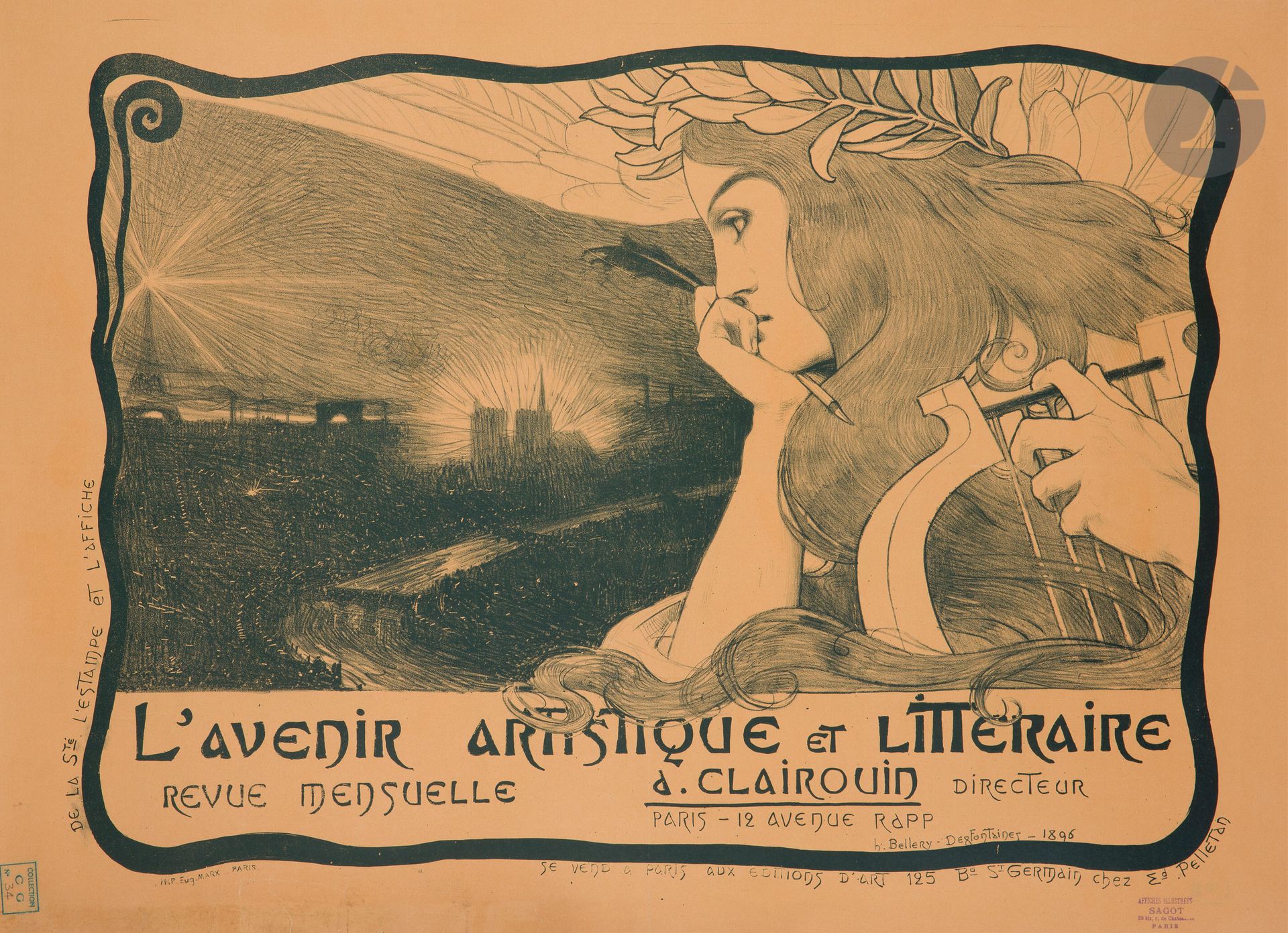 Henri BELLERY-DESFONTAINES (1867-1909)
L’Avenir artistique et littéraire, revue mensuelle, 1896
Lithographie. Entoilée.
Imp. Eugène Marx, Paris.
Signée et datée en bas à droite.
Rare. Bon état. Taches dans le bas.
54 x 76 cm

Provenance :
- Collection Charles Joseph Guillemain, son cachet en bas à gauche n° 210 (Lugt 4766).
- Galerie Sagot, Paris, son cachet en bas à droite (Lugt non répertorié).