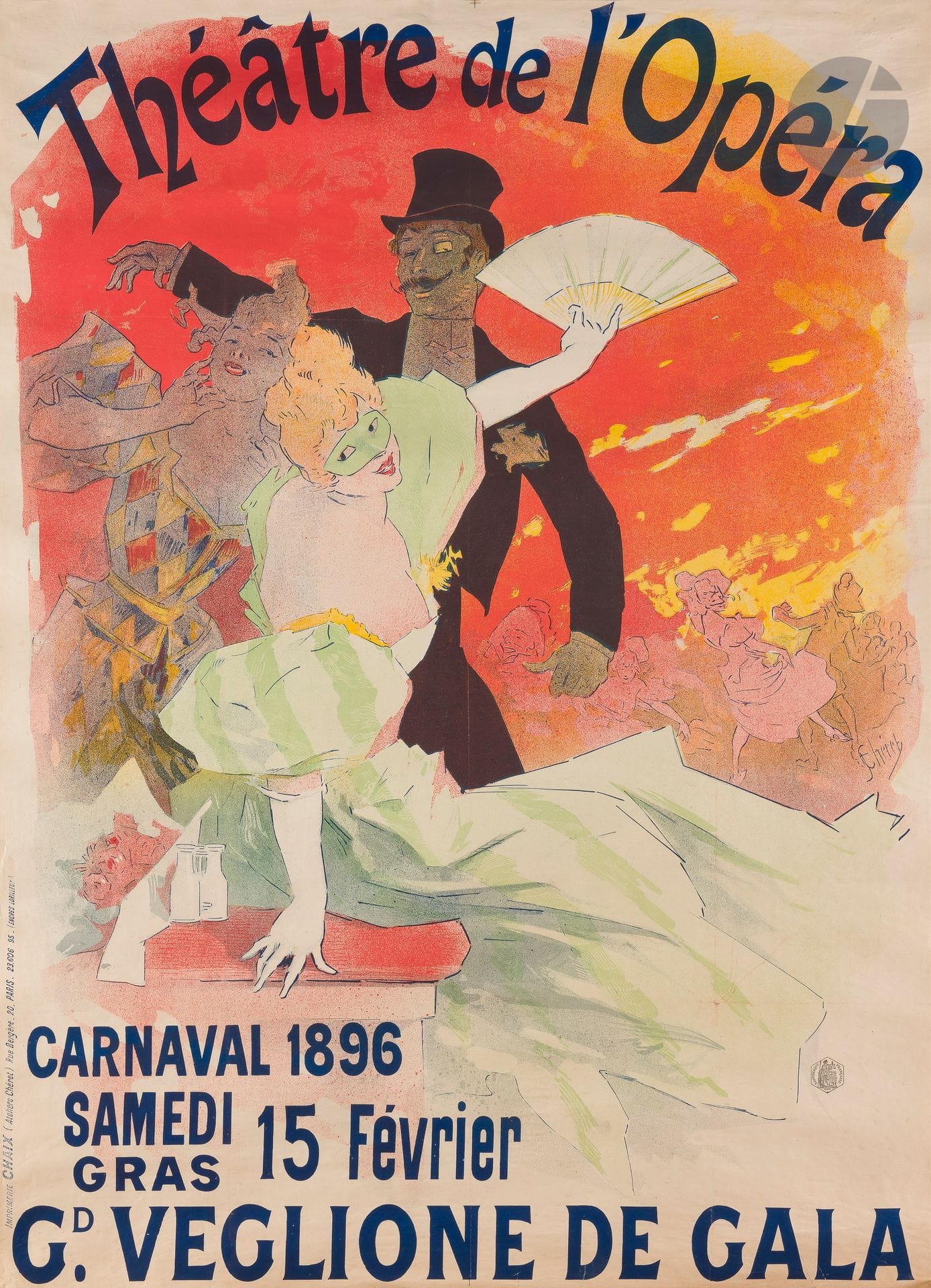 Jules Chéret (1836-1932)
Théâtre de l’Opéra, le Grand Veglione de gala, Carnaval 1896
Chromolithographie. Entoilée.
Imp. Chaix (Ateliers Chéret), 20 rue Bergère, Paris.
Signée au centre à droite.
Bon état. Entoilage ancien. Des petites déchirures en bas.
124 x 89 cm 

Bibliographie :
Chéret, n° 374.