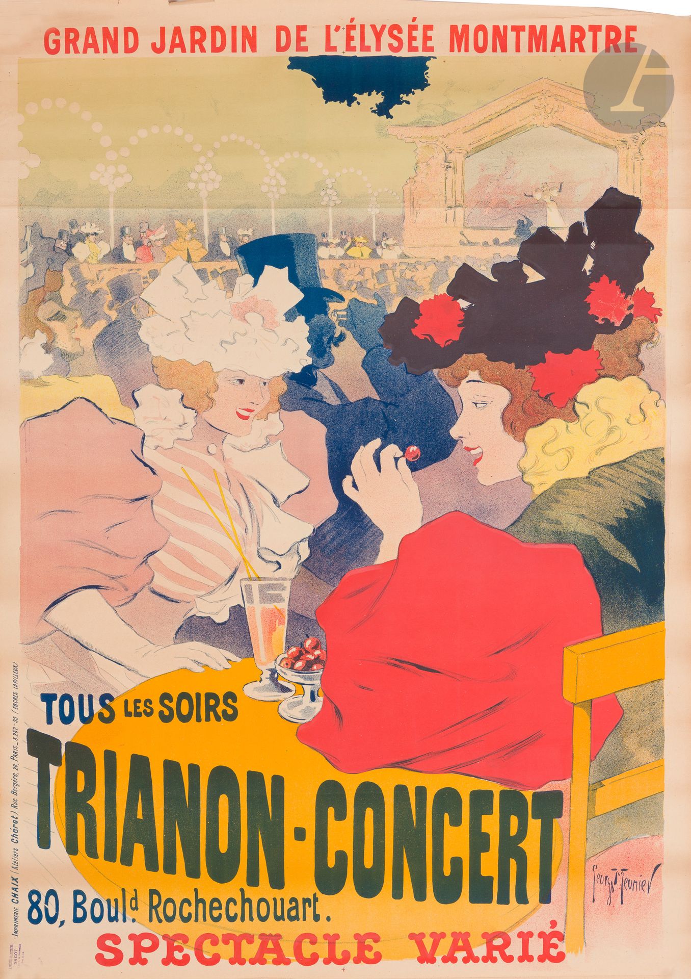 Georges MEUNIER (1869-1942)
Tous les soirs Trianon-Concert au grand jardin de l’Élysée Montmartre
Chromolithographie. Non entoilée.
Imp. Chaix (Ateliers Chéret), 20 rue Bergère, Paris.
Signée en bas à droite.
Bon état. Traces de plis.
123 x 88 cm

Provenance :
Galerie Sagot, Paris, son cachet en bas à gauche (Lugt non répertorié).

Bibliographie :
DFP II, p. 166, n° 581.