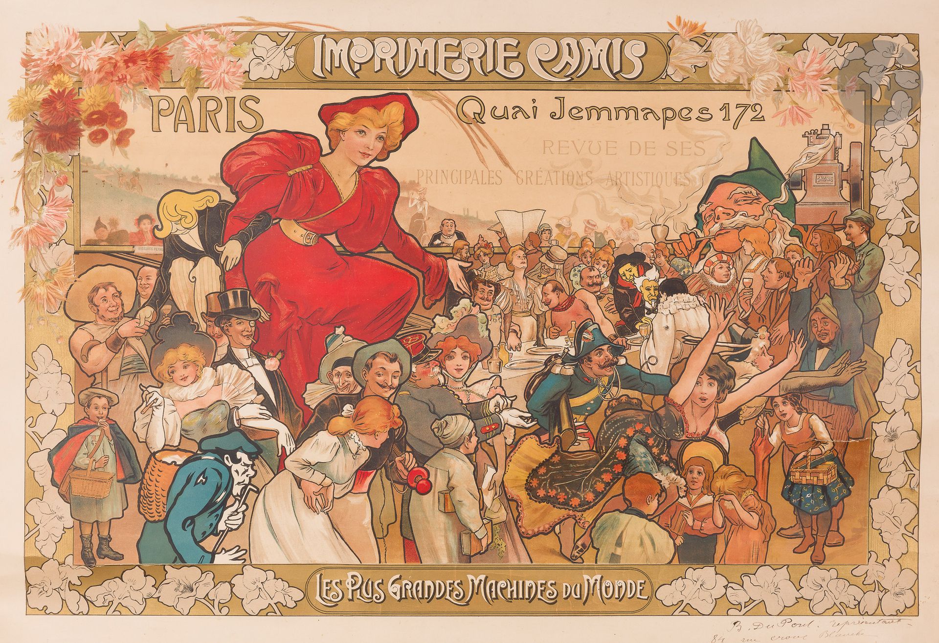 ANONYME
Imprimerie Camis, revue de ses principales créations artistiques
Chromolithographie. Entoilée.
Sans imp. 
Magnifique épreuve avec l’adresse d’un représentant manuscrite dans la marge.
Bon état. Déchirure au niveau d’un pli à droite.
68 x 99 cm

Bibliographie :
Daniel Bordet, Les Plus belles images de l’imprimerie, Éd. Dabecom, 2004, p. 66-67.