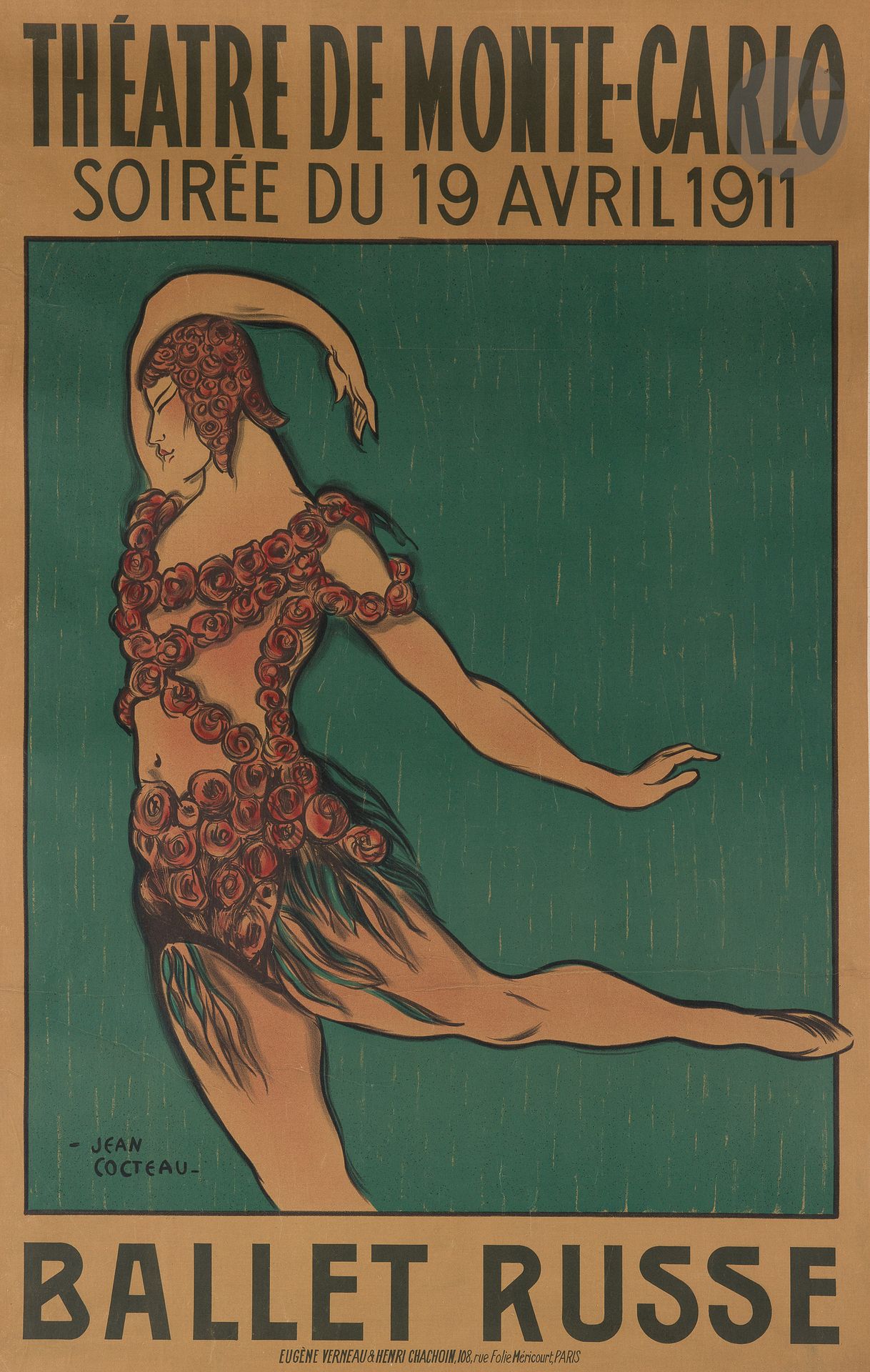 Jean COCTEAU (1889-1963)
Théâtre de Monte-Carlo, ballet russe avec Nijinski, 19 avril 1911
Chromolithographie. Entoilée.
Imp. Verneau & Chachouin, Paris.
Signée en bas à gauche.
Très bon état.
92 x 58 cm

Bibliographie :
Walter Terry, Jack Rennert, 100 Years of Dance posters, Darien House Inc., New York, 1975, p. 72.