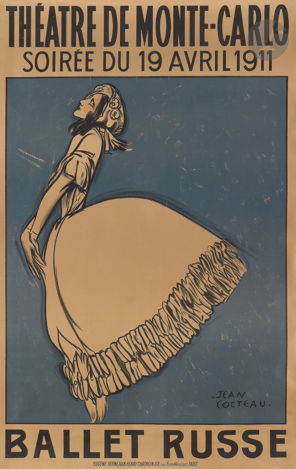 Jean COCTEAU (1889-1963)
Théâtre de Monte-Carlo, ballet russe avec Karsavina, 19 avril 1911
Chromolithographie. Entoilée.
Imp. Verneau & Chachouin, 108 rue Folie Méricourt, Paris.
Signée en bas à droite.
Très bon état.
92 x 58 cm

Bibliographie :
Walter Terry, Jack Rennert, 100 Years of Dance posters, Darien House Inc., New York, 1975, p. 72.