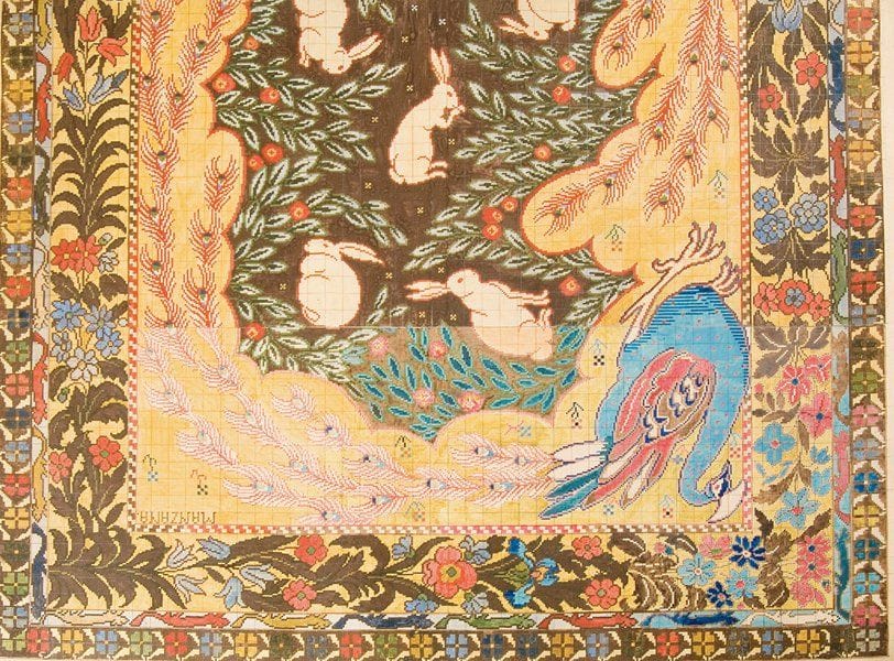 Attribué à Georges MANZANA-PISSARRO (1871-1961)
Projet de tapisserie au cygne et aux lapins Aquarelle gouachée sur papier quadrillé en quatre morceaux, doublé sur papier de soie. Déchirures et restaurations. 162,5 x 116,5 cm