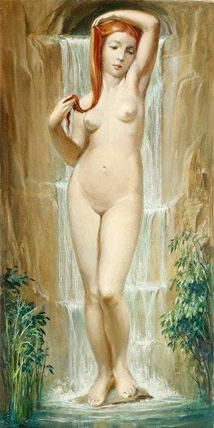 Paul MANTES (1921-2004)
Nymphe à la cascade Huile sur toile. Non signée. 100 x 50 cm La Société de Ventes Volontaires ADER présente aujourd'hui une seconde vente de Paul Mantes, la première ayant permis de révéler au public un artiste peintre d'un talent exceptionnel dont l'audience était jusque-là restreinte à un cercle d'intimes, de familiers et d'amis l'ayant connu avant son décès en 2004. Dépassant toutes les espérances, cette vente a été un très grand succès puisque, chose rare, tous les lots ont trouvé preneurs. Des enchères importantes ont été prononcées sur les oeuvres les plus marquantes, assurant à Paul Mantes une cote enviable qu'il n'avait lui-même jamais fait l'effort de rechercher, car son seul souci était d'assouvir sa passion de la peinture et d'exprimer son inspiration empreinte de spiritualité, de grandeur et d'intériorité. Dans cette voie, il était prodigieusement aidé par sa formation d'architecte qui lui permit de construire sa peinture et de transmettre son message avec rigueur, élégance et solidité. Comptant parmi les meilleurs copistes du Louvre et du Musée d'Orsay, il développa sa technique picturale par un travail assidu, aidé en cela par la fréquentation des grands maîtres. Désintéressement, discrétion, humilité, mais aussi sérieux, humanité, simplicité pour porter un message d'une grandeur parfois écrasante: voilà ce qui caractérise son oeuvre. Celle-ci est aussi volontiers habitée par l'étrange et par le rêve, mais aussi par la joie simple que l'on retrouve dans des toiles tour à tour mystérieuses ou teintées d'une sereine familiarité. Jamais rien de vulgaire ou de commercial ne vient altérer cette peinture sincère et grave. A une époque où l'amateur est sollicité, et parfois à juste titre séduit, par l'explosion des formes d'art les plus variées, les plus diverses, parfois les plus dérangeantes qui visent à rendre compte de la vie contemporaine trépidante, Paul Mantes démontre que les formes traditionnelles de la peinture peuvent, à côté de celles-ci et de man