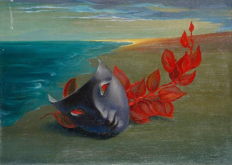 Paul MANTES (1921-2004)
Masque au bord de l'eau Huile sur toile. Non signée. 33 x 46 cm