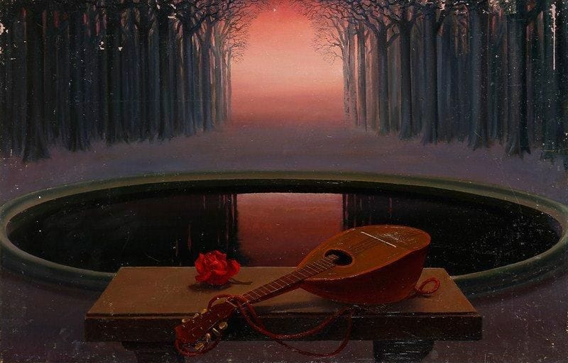 Paul MANTES (1921-2004)
Mandoline et rose au bord du bassin Huile sur panneau. Non signée. Nombreux manques. 65 x 100 cm