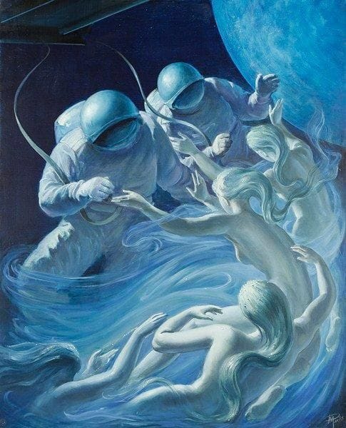 Paul MANTES (1921-2004)
Les sirènes du cosmos Huile sur toile. Signée en bas à droite. Titrée au dos. 100 x 81 cm