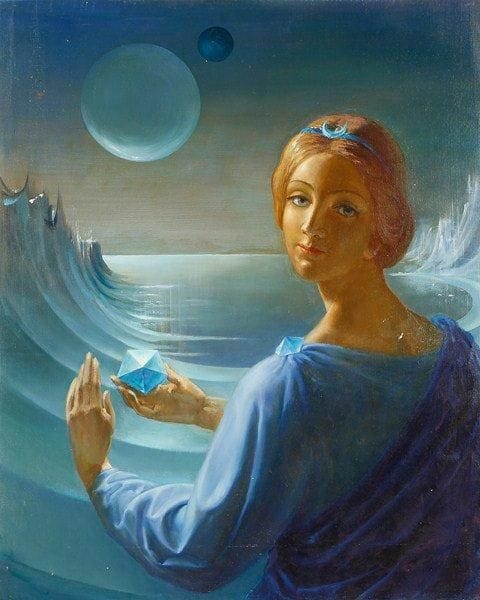 Paul MANTES (1921-2004)
Femme au cristal Huile sur toile. Non signée. Petits manques. 81 x 65 cm